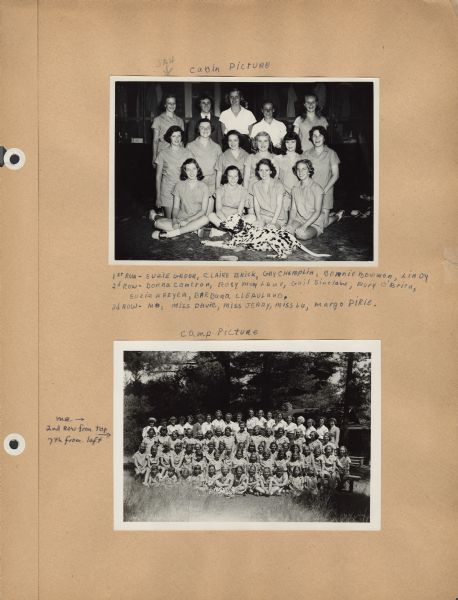 Page from Sue Ann Hackett Scrapbook displaying two group portraits. Includes a group portrait of the campers in Sue Ann Hackett's cabin in the summer of 1949 (and the Dalmatian "Lindy"), and a group portrait of the entire camp that summer, including counselors and the co-directors, Miss Joy and Miss Camp. The captions are handwritten in blue ink.