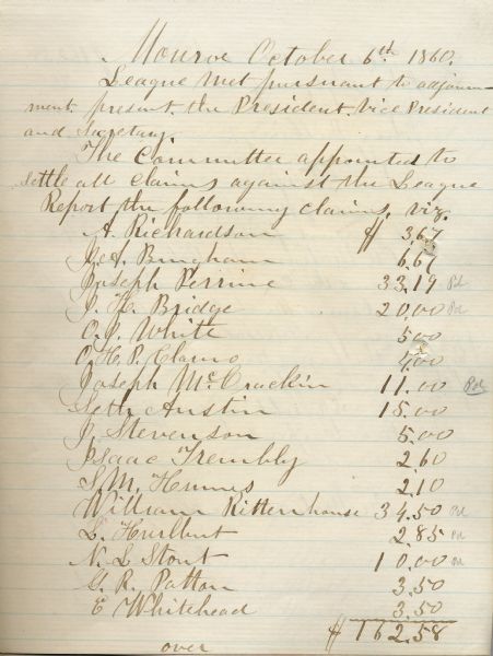Minutes from a meeting of the Farmers Home League of Monroe, Wisconsin. The page contains a partial list of settled claims against the League and the amounts paid.