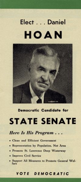 Cover of a brochure promoting Daniel Hoan as Democratic candidate for State Senate, featuring a head and shoulders portrait of Hoan.