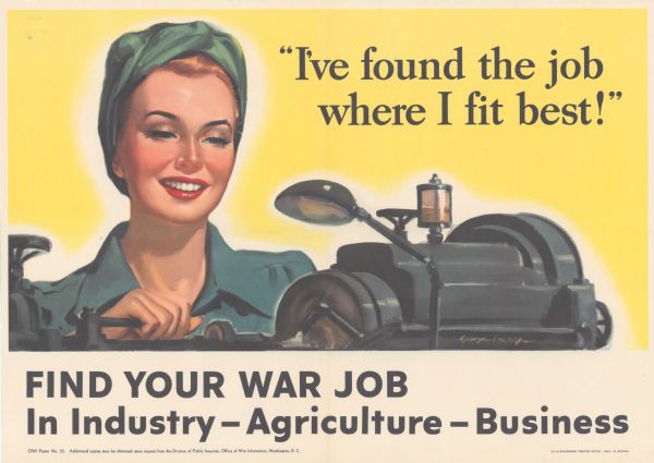Office of War Information poster, with an illustration of a woman wearing a protective headwrap operating a machine.