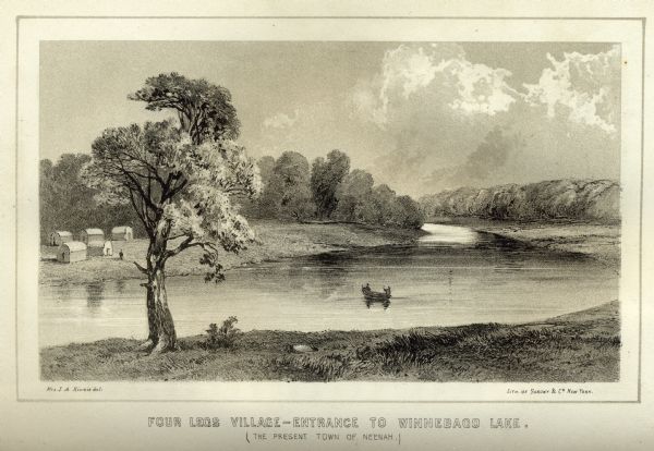 Lithographic view of Four Legs Village at the outlet of Lake Winnebago. There are is a person in a canoe on the river and a large tree in the foreground. Small dwellings are on the opposite shoreline on the left.