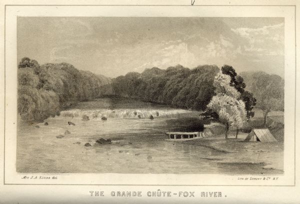 Lithographic view of the Grande Chute Falls on the Fox River. There is a tent on the shore on the right.