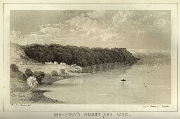 Lithographic view of a man in a canoe on Big-Foot's Lake (modern day Lake Geneva) with a small settlement on a bluff overlooking the lake. A group of birds fly over the water on the right.