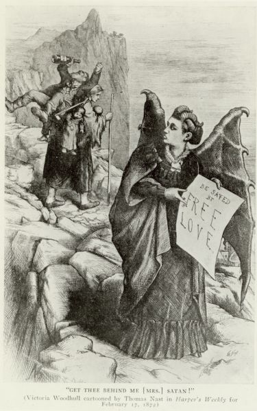 Political cartoon depicting a woman on a rocky path carrying two children and a drunken husband on her back being tempted by Victoria Woodhull depicted as a devil. Ms. Woodhull holds a sign reading: "Be saved by free love."