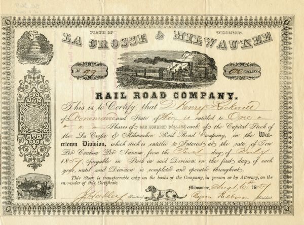 Engraved document certifying that D. Henry Rockwell of Oconomowoc is entitled to one share of the La Crosse and Milwaukee Rail Road Company worth one hundred dollars. The Certificate is signed by Byron Kilbourn and J. Hadley. Decorative border surrounds insets depicting a bees flying around a bee skep at top left, at bottom left a cattle drive, in the center a railroad train moving through a hilly region. There is an image of a dog between the signatures at the bottom.