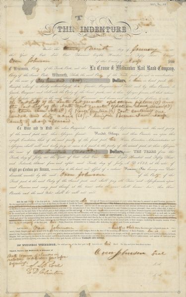 Document of agreement between Oren Johnson of Dodge County and the La Crosse and Milwaukee Rail Road Company. Johnson agreed to pay $600 plus 8% annual interest to the railroad company for a ten-year mortgage on his land.