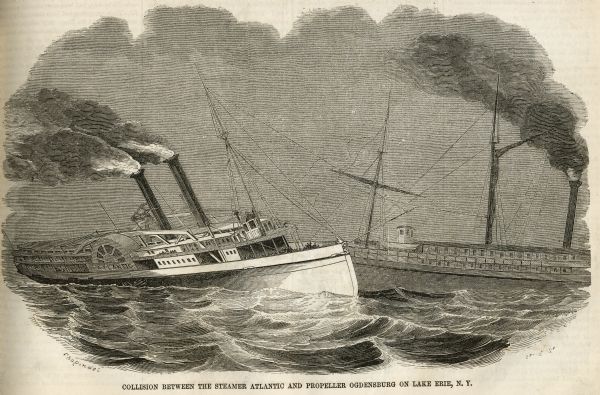 Engraved view of the collision of the <i>Atlantic</i> and the <i>Ogdensburg</i> on Lake Erie.
