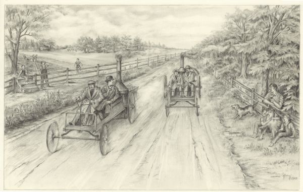 Pencil drawing depicting the first automobile race held in Wisconsin.  The two vehicles each carry two men on a rural road. A handful of spectators, including a family with two dogs, watch from fencelines along the road.
