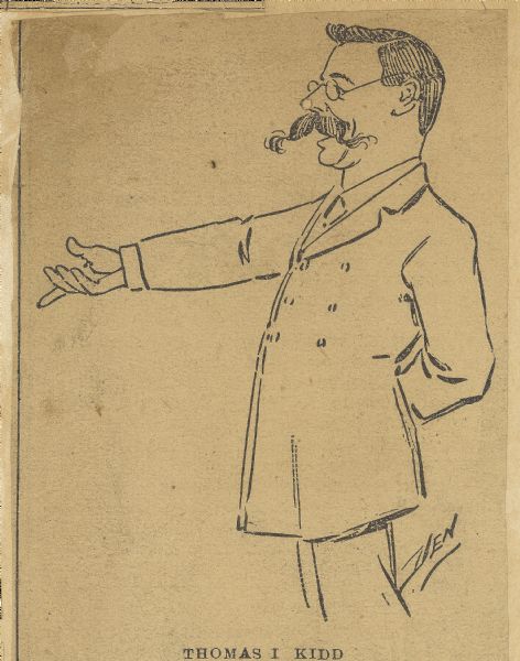 Three-quarter-length drawing of Thomas Kidd speaking and gesturing.