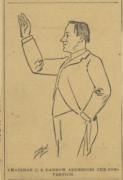Three-quarter length drawing of Clarence Darrow speaking at the People's Party Convention held at Uhlrich's Hall in Chicago.