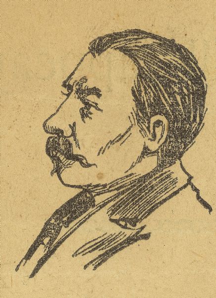 Head and shoulders portrait drawing of Michael Troiber, co-defendant with Thomas Kidd in a conspiracy trial related to the Oshkosh woodworkers strike of 1898.