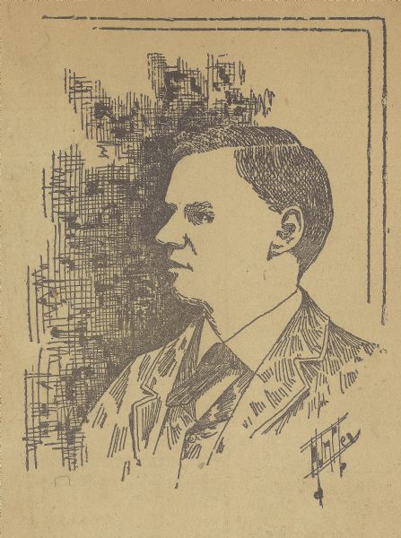 Head and shoulders portrait drawing of Clarence Darrow to accompany an article about the Oshkosh lumber strike conspiracy trial.