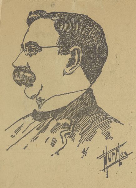 Head and shoulders portrait drawing of Thomas Kidd, defendant in a conspiracy case related to the Oshkosh lumber strike.