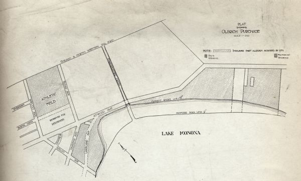 Map showing the parcel of land on the shore of Lake Monona acquired by the City of Madison for a park (today known as Olbrich Park).