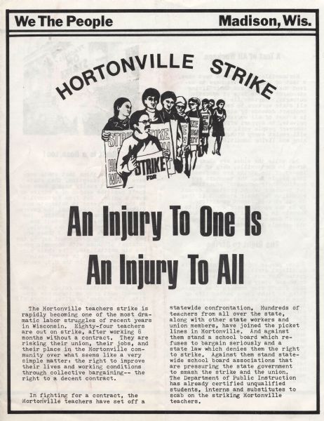 Front page of the labor newspaper <i>We The People</i>. The issue is dedicated to the teachers strike in Hortonville and features a drawing of people marching with placards.