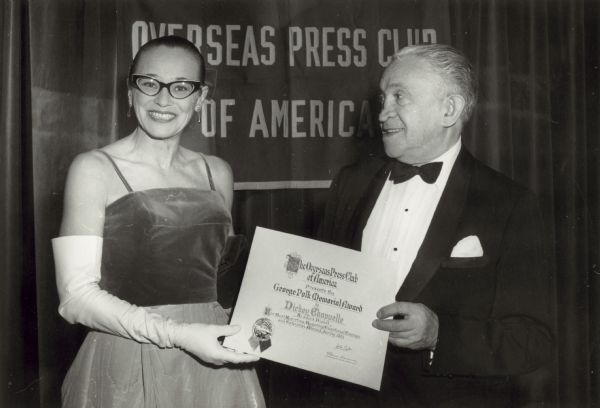 Dickey Chapelle receiving the George Polk Memorial Award from William Lawrence of <i>The New York Times</i> at the Waldorf Astoria.