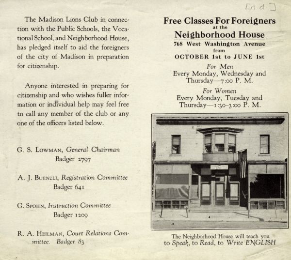 Pamphlet advertising classes for "foreigners" to learn English at the Neighborhood House. The Neighborhood House is pictured on the pamphlet with a U.S. flag hanging above the entrance.