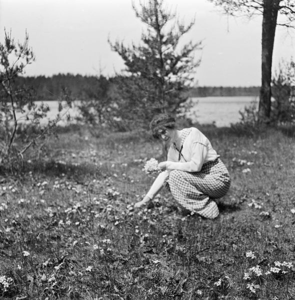 Woman, possibly Marvin B. Rosenberry's daughter (?), picking flowers in a field near a lake.