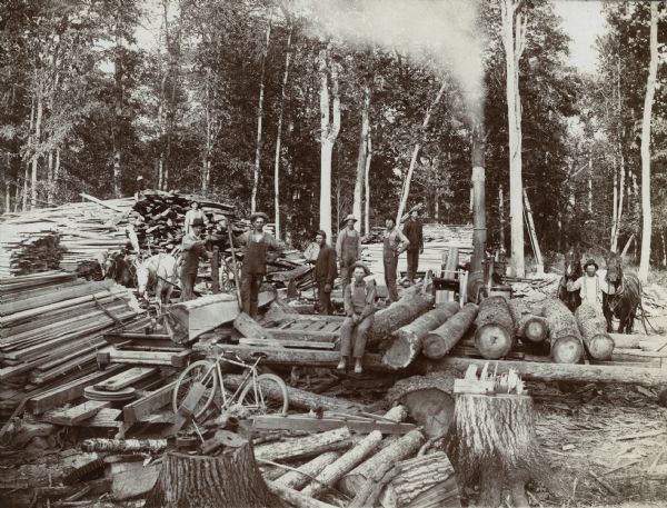 Group portrait of men, a boy, and horses posed among piles of logs and lumber. A bicycle is in the foreground, and a steam engine is in the background.