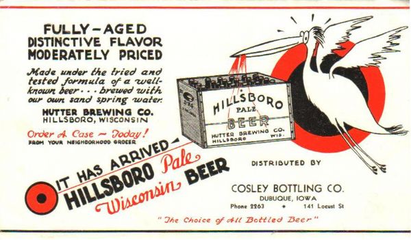 An advertisment for Hillsboro Pale Beer, which the Hutter Brewing Company brewed in Hillsboro from 1933 until 1936 when the Hillsboro Brewery was leased to a different owner.