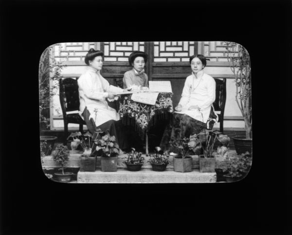 The women sit at a table on which are papers with Asiatic lettering, along with a teapot and teacups. Behind the group are sliding wooden door panels. In front of and below the women are a variety of potted plants.