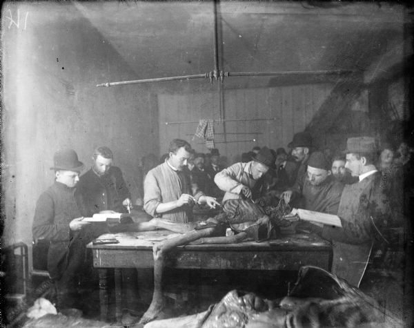 View of a group of men at an autopsy. They stand around the cadaver with open books in their hands. There appears to be another cadaver in the foreground.
