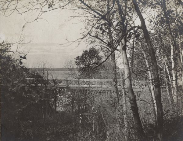 Elevated view of a bridge. Trees are in the foreground, with Lake Mendota and the far shoreline in the distance. Original caption reads: "Rustic Bridge on Raymer Drive (Mendota Drive)."