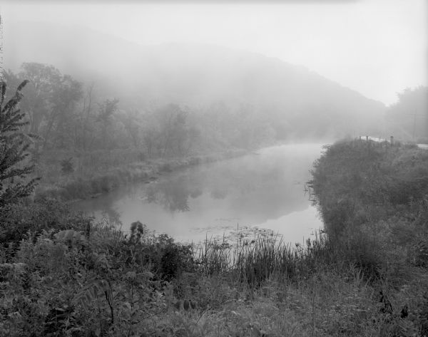 Pond with lily pads at the intersection of Highways 131 and 60 on a foggy morning. In the background are hills shrouded in mist.