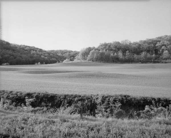 Field and hills along Katzenbeuchel Road. There is a fence in the foreground.