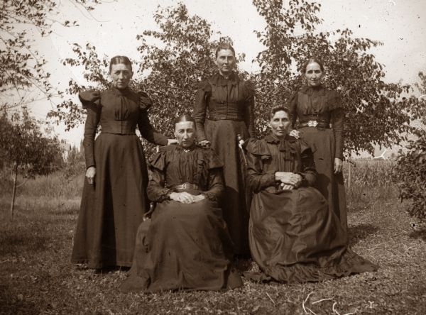 The Goetsch sisters sit and stand in two rows on the family farm. They are wearing dark dresses. Names: (back row) Martha G. Buelke, unidentified, Lydia; (front row) Mary G. Krueger, unidentified.