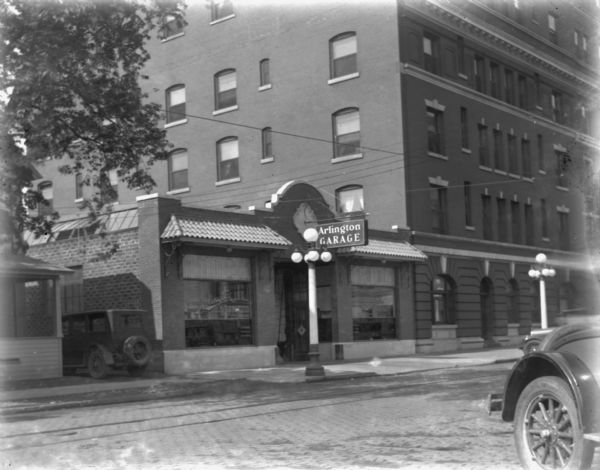 View across street towards another competitor to Louis Schoelkopf's Ford business, the Arlington Garage, which sold automobiles and accessories for the Jacobson Auto Company, such as the Essex Challenger and the Atwater Kent Screen Grid radio. In 1924 the Arlington Garage participated in the Madison Auto Show.