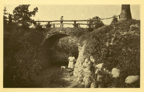 A boy holding a dog stands behind a rustic railing on a bridge over a man-made cut in a hill at Black Point. A girl and dog stand on the trail below. Boulders serve as retaining walls on the sides of the cut.