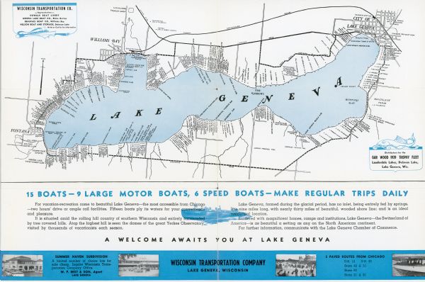 A brochure for the Wisconsin Transportation Co. includes a map of Lake Geneva with towns and shoreline property owners identified. Black Point, on the southern shore, is identified by the names of Conrad Seipp's daughters Mrs. Clara Barthalomay and Mrs. Emma Schmidt. There is also a label noting "Conrad Seipp Est." Seipp's daughter Elsa was married to A.F. Madlener; their property is identified just west of Black Point. Time tables for boats on Lake Geneva are on the reverse of the map.