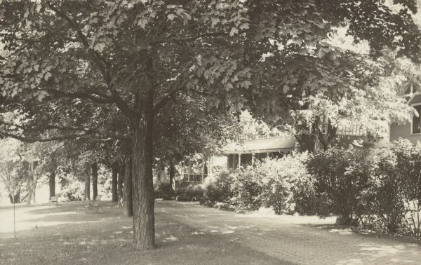 A row of maple trees lines the brick walkway along the main house at Black Point. There are benches on the lawn; Geneva Lake is in the background. A gable decoration and window of the laundry house are at far right.