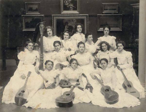 Alma Seipp (1876-1966), middle row, second from right, holds a violin in a group portrait of a women's string ensemble, probably at Wellesley College. All the women are wearing formal, light-colored dresses and pose with a variety of instruments, including a harp, guitars and mandolins. There are framed paintings on the wall behind them and two columns on the right.