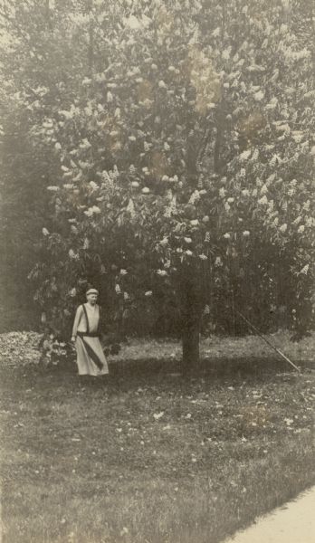 Catherine Orb Seipp (1846-1920), the widow of Conrad Seipp, poses beneath a chestnut tree in full bloom at Black Point Estate.