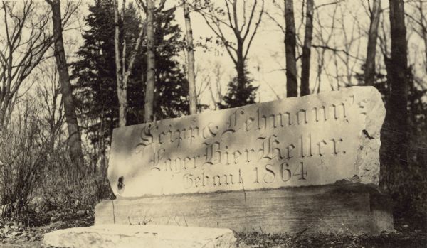 Carved into a large stone lintel is "Seipp and Lehmann Lager Bier Keller. Gebaut 1864 [Seipp and Lehmann Lager Beer Cellar, Built 1864]." The stone rests on a low pedestal on the grounds of Black Point. Conrad Seipp and Frederick Lehmann formed a partnership in 1858; Lehmann was killed in a carriage accident in 1872. In 1876 the brewery was renamed the Conrad Seipp Brewing Co.