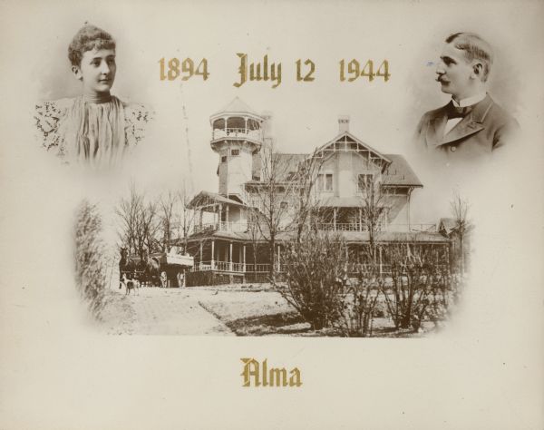 Printed place card created for the fiftieth wedding anniversary celebration of Clara Seipp and Henry Bartholomay Jr. which features head and shoulders photographs of the bride and groom at top. There is also a reproduction of a vintage photograph of the main house at Black Point, which includes a horse-drawn wagon and a dog on the driveway. The "Alma" whose place was marked by the card was most likely Clara's sister, Alma Seipp Hay.