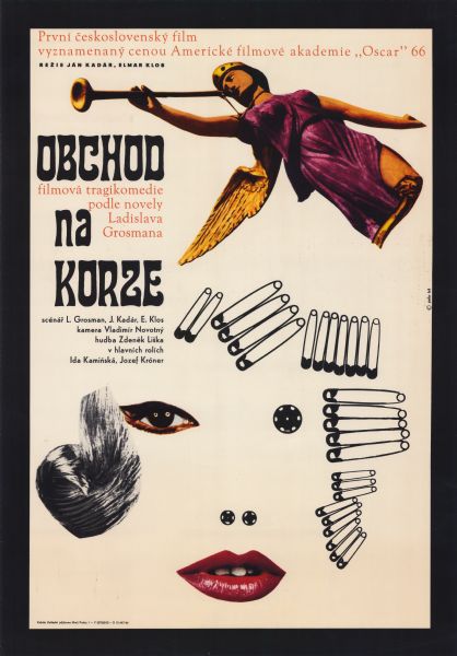 Czechoslovakian film poster with white background and black border. Features an illustrated collage image of a woman made up of an eye, lips, curl of hair, buttons, and safety pins. At the top of the poster is the figure of an angel blowing a horn.