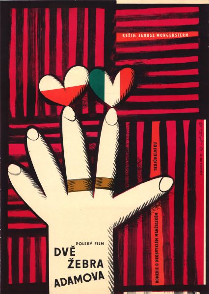 Czechoslovakian film poster with an illustrated image of a hand wearing two rings and balancing two hearts on the fingertips.