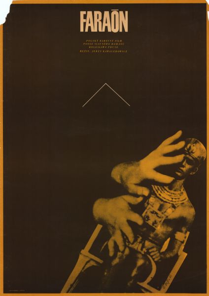Czechoslovakian film poster for a Polish film with a photographic image of two large hands pushing against a small pharaoh figure.