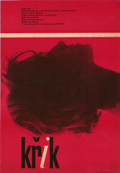 Czechoslovakian film poster with a photographic image of a woman’s head and neck, and a short hairstyle, rotated so she is looking up, on a red background.