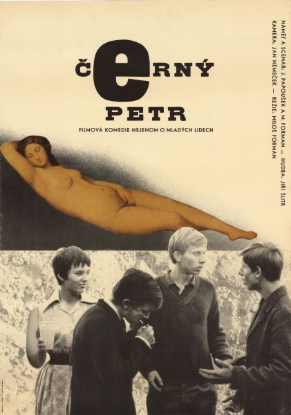 Czechoslovakian film poster with a white background and black lettering. Along the bottom is a photographic image of three young men and a woman talking, smoking and drinking. Floating above them is a reproduction of a painted image of a naked woman reclining.