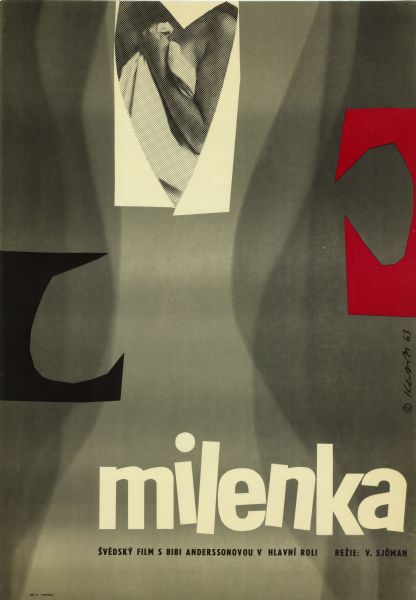 Czechoslovakian film poster for the Swedish film "Alskarinnan." At the top is a cutout heart framing the waist-up photographic image of a naked woman (face obscured) holding a sheet up against herself as cover.