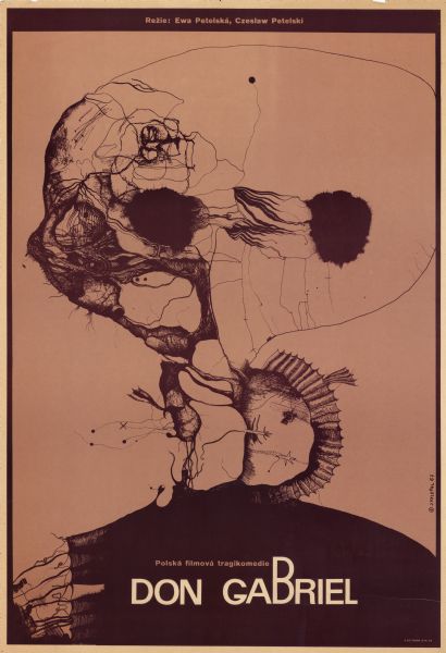 Czechoslovakian film poster for a Polish film. Abstract, illustrated image of a skull.