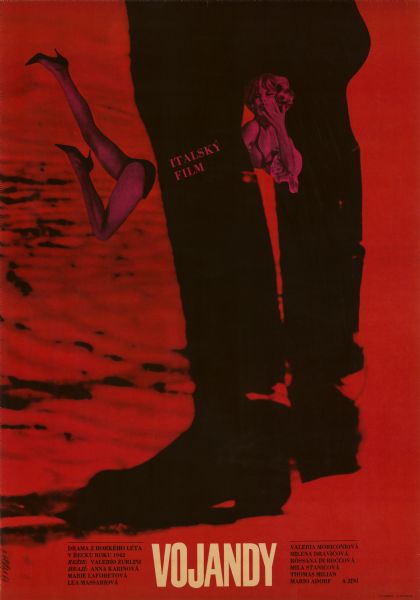 Czechoslovakian film poster for the Italian film "Le Soldatesse." A small photographic cut-out image of a woman's legs, along with an equally small cut-out image of a woman in lingerie blowing a kiss, are placed to the left and in between a silhouette in black of a large pair of legs. Red/orange background.