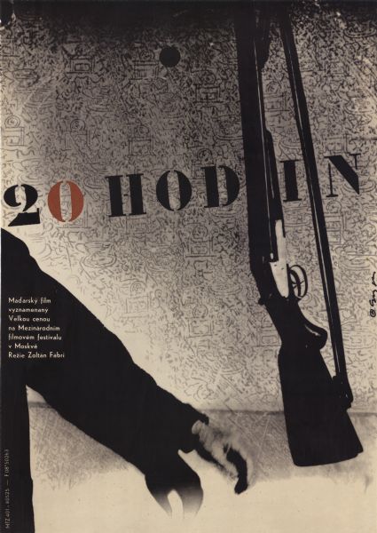 Czechoslovakian film poster featuring a black and white photographic image of an arm (and its shadow) reaching out towards a rifle.