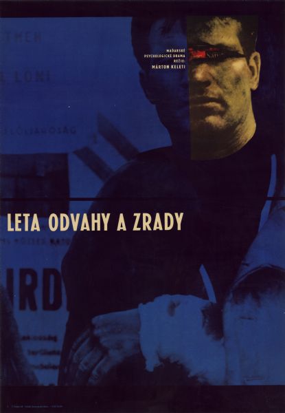 Czechoslovakian film poster for the Hungarian film "Ha egyszer húsz év múlva." Photographic image in shades of blue, except for part of a man's face. The man is holding his bandaged arm in front of his chest.