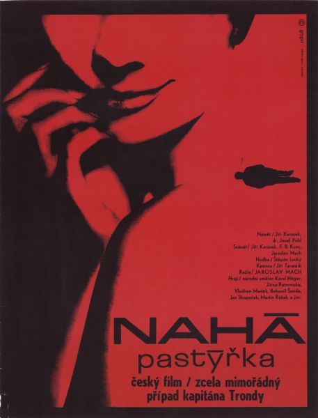 Czechoslovakian film poster. Image of a woman, from the cheeks and nose down, looking over her shoulder and holding her fingers against her face. Next to her is a small rotated silhouette of another person behind her back.