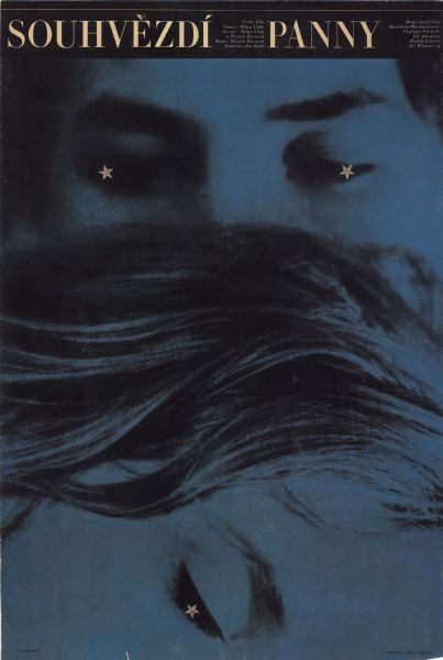 Czechoslovakian film poster. Black and blue close-up image of two faces, one in front of the other. Their eyes are closed and have stars pasted on the eyelids.